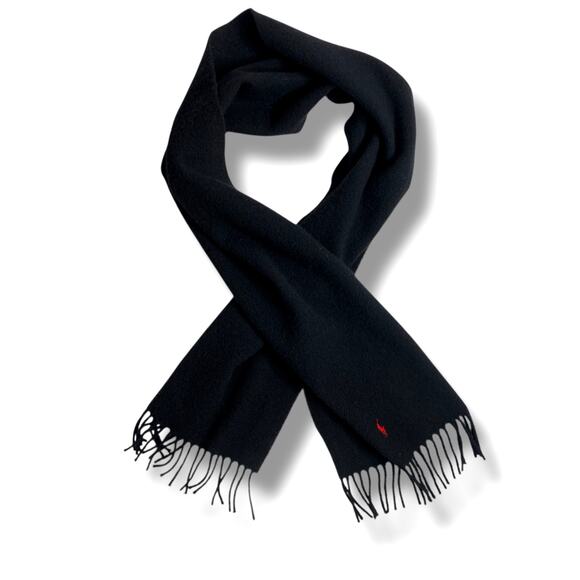 POLO Ralph Lauren Wool Scarf Lambswool Made in Scotland Black Fringe - Picture 2 of 5